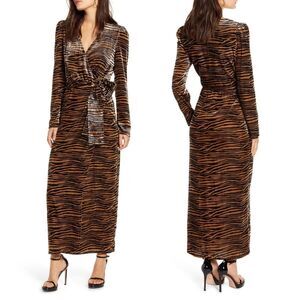 WAYF Arlene Midi Maxi Wrap Dress in Velvet Striped Tiger Print XS